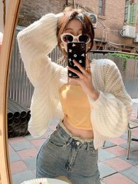 Women's Knits Korean Autumn Chunky Knitted Cardigan Women Designer Oversize Cropped Sweater Puff Sleeve Round Collar Short Outerwear 2023