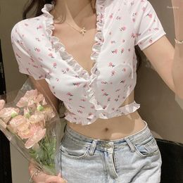 Women's T Shirts Trendy Fashion Chic Summer Floral Short-sleeved V-neck Top Girl 2023 Casual Sexy Street Navel Strappy Cardigan T-shirt