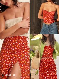 Women's Tanks Floral Print Red Camisole For Women Strapless Sleeveless Sexy Ladies Sling Tank Tops Spring Summer 2023