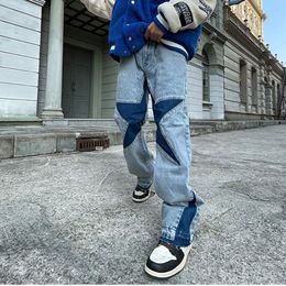 Men's Jeans Harajuku Stars Letter Embroidery Patchwork Straight Flare Jeans Pants Mens Retro Ripped Oversized Casual Denim Trousers 230918