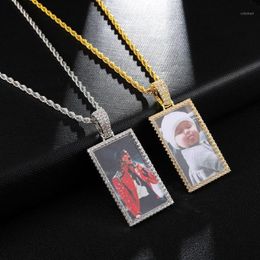 Iced Out Custom Po Square Medallion Necklace & Pendant 4mm Tennis Chain Zircon Hip Hop Picture Jewelry Men Women1346N