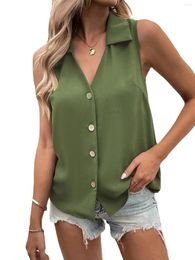 Women's Blouses Woman Blouse 2023 Summer Female Solid V-Neck Loose Chiffon Shirt Sleeveless Twist Button Tank Top For Women Chemise