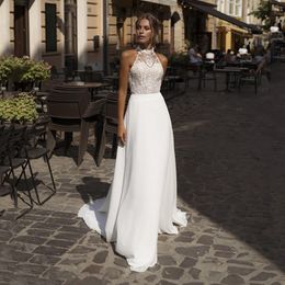 Elegant Lace Halter Wedding Guest Dress Sexy Backless Wedding Dress For Bride Chiffon Sweep Train Wedding Bridal Gown