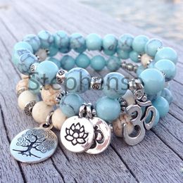 MG0664 2019 New Design Blue Turquoise Ohm Bracelet Natural 8 mm Turquoise Beads Yoga Mala Bracelet Tree of Life Lotus Charm Bracel2619