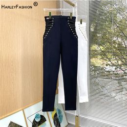 Women's Pants s Black White 2 Colours Stretchy Women Street European All matched Pencil Badage Waist Skinny Quality Trousers 230919