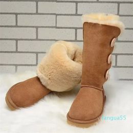 2023-Classic Snow Boots Womens Three Buttons Long Boots Thick Bottom Mini Platform Sheepskin Cowskin Genuine Leather Plush Ankle Booties With Fur Size 43