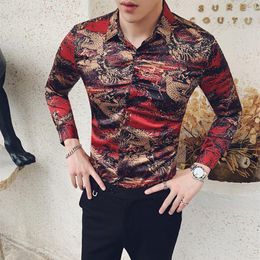 Chinese Style Men Shirt Stylish Dragon Print Shirt Mens Long Sleeve Streetwear Men Dress Shirts Slim Fit All Match Party Tuxedo218Y