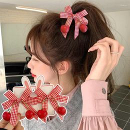 Hair Accessories 2/3pcs Set Bow Double Fabric Red Cherry Clip Sweet Fairy Plaid Headdress Card Hairpins