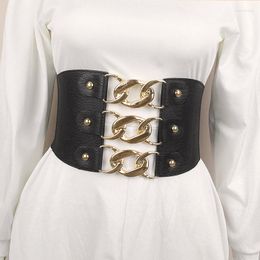 Belts SISHION Elastic Wide Metal Chain Buckle Belt Lady Girls PU Leather With Rivet Decor Waist Dress Coat Waistband SCM0337