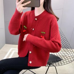 Women's Knits Women Cherry Knitted Cardigan Single Breasted Long Sleeve One Size Autumn O-Neck Sweater Korean Style Outwear Coat