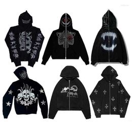 Men's Skeleton Hoodie Y2K hoodies Zip Up Sweatshirts cool skull diamond zipper Gothic Black Oversized Autumn Female Harajuku Hooded Jacket Streetwear