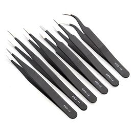 Whole-6pcs ESD Safe Anti-Static Stainless Steel Tweezers Set Maintenance Watch Repair Tools Kits Electronic Rework Tool Set DI216v