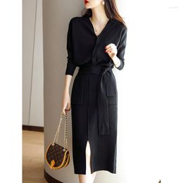 Work Dresses Autumn Fashion Knitted Suit Women V-neck Lace Up Sweater Split Midi Skirts Set Two Piece Outfit Casual Slim Office Lady