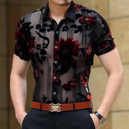 Men's Casual Shirts Floral Transparent Shirt Men Summer Club Party Short Sleeve Chemise Homme Red Flower See Through Lace Cam255b