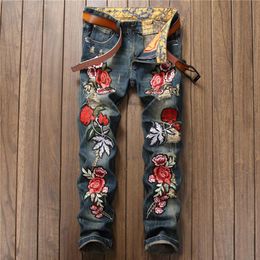 Men Retro Washed Rose Embroidery Straight Leg Jeans Slim Fit Blenched Biker Denim Pants252q