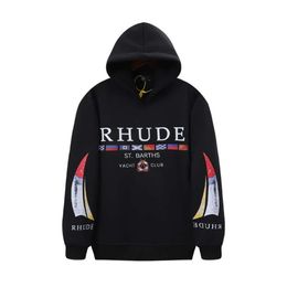 Mens Hoodies Sweatshirts Tasarımcı Giyim Lüks Rhude Amerikan Yüksek Sokak Bayrağı Mektubu Baskılı Kapşonlu Süveter Gevşek ve Kadın Lüks Sıcaklık