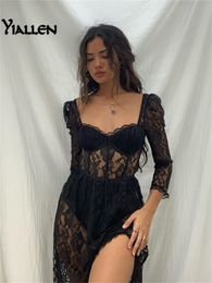 Basic Casual Dresses Yiallen Y2k Fashion Party Vacation Beach Sexy Black Lace Long Dres s Spring Quarter Sleeve Mid Calf Clubwear 230919