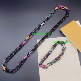 Fashion Style Multicoloured Paradise Chain Necklace Bracelet Men Black-colour Hardware Engraved V Initials Flower Charm Enamel Cry253L