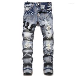 Men's Jeans Mens Ripped Embroidery Washed Frayed Blue Denim Pants Elastic Print Dyed Small Feet Punk Style Pencil Trousers