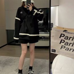 Fashion Brand LO Sweatshirts Colorblock Heavy Ribbon Embroidered O Neck Black Sweater for Men and Women