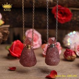 Natural Strawberry Quartz Gold Silvery Perfume Bottle Pendant Necklace For Women Crystal Essential Oil Diffuser Bottle Jewelry2007