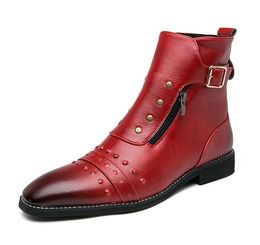 New Red Ankle Boots for Men Pu Black Brown Zipper Motorcycle Boots Handmade Cowboy Boots Mens For Boys Party Dress Shoes 38-46