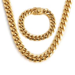 Miami Cuban Link Chains Men Women Jewellery Sets Hip Hop Necklaces Bracelets 316L Stainless Steel Double Safety Lock Clasps Curb Cha175d