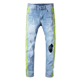 Men's Male Casual Man Neon Yellow Color Lines Patchwork Ripped Jeans Fashion Holes Destroyed Denim Stretch Pants Trousers3106