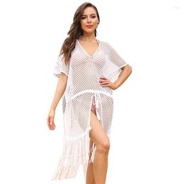 Women's Swimwear 2023 Fashion Cover Up Knitted Hollow Out Beachwear V-neck Split Sun Protection Suit Tassels Sexy One Piece Cover-Ups