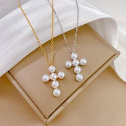 Pendant Necklaces Vintage Stainless Steel Imitation Pearls Cross For Women Fashion Luxury Design Chain Necklace Jewellery Gift