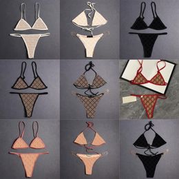Sexy Triangle Bikinis Women Swimwear Tulle Lace Underwear Letters Embroidered Chain Halter Split Swimsuits Beach Bra Briefs with T190i