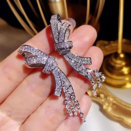 Luxury Shining Crystal Sweet Bowknot Designer Stud Earrings Long Tassel Dangle Pendant CZ Diamond Earring Ear Rings Party Wedding 251p