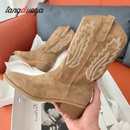Boots Cowboy For Women Fashion Embroidered Pointed Toe Mid Calf Female Square Heel Autumn Winter Western Booties 230919