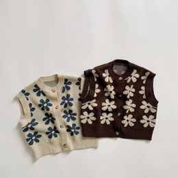 ウエストコート秋の冬の子供たちの袖なしのセーターキッドセーターの花の印刷編みベスト男の子の女の子学校制服230918