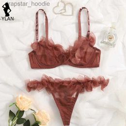 Bras Sets Bras Sets Lingerie Set Women Sexy Bra Bow Gauze Transparent Underwear Underwire Bralette Tempation 3 Point Erotic L230919