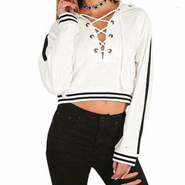 Women's Hoodies 2023 Women Fashion Casual Loose Lacing V Neck Hooded Hoodie Long Sleeve Stylish Crop Top Autumn Thin Sweatshirt Tracksuit