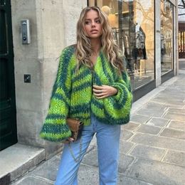 Women's Knits Tees Green Stripe Crochet Knitted Cardigan Sweater Lantern Sleeve Oversize Coat 2023 Autumn Fashion Lady Streetwear 230919