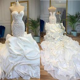 Cascading Ruffles Cathedral Train Mermaid Wedding Dresses Bridal Gowns 2021 Sweetheart Corset Back Beaded Work Arabic Church Plus 202u