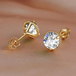 8mm Diameter Unisex Fashion Men Women Earrings Yellow White Gold Plated Bling Round CZ Earrings Studs with Screwbacks Nice Jewelry1869