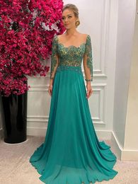 A Line Green Mother Of The Bride Dresses Evening Dress Chiffon Applique Jewel Neck Long Sleeves Sweep Brush Train Abito Cerimonia