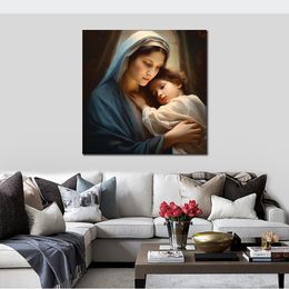 Portrait Picture Mother Saint Mary and Jesus Chris Child Canvas Poster Print for Room Wall Decor