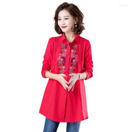 Women's Blouses Linen Ethnic Style Embroidered Woman Shirt Spring Summer Retro Long Sleeve Blouse Womens Tops