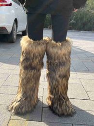 Boots Women Winter Fluffy Faux Fur Mid-Calf Snow Boots Thick Flat Solid Rubber Soles Round Toe Over Knee High Boots Big Size 44 Warm J230919