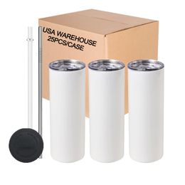 USA Warehouse 25pack 20oz Sublimation Blank Straight Stainless Steel Tumbler With Straw And Lid Car Mugs 919