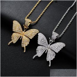 Pendant Necklaces Hip Hop Butterfly Shape Necklace For Men Women Iced Out Bling Animal Gold Sier Twisted Chain Hiphop Rapper Jewellery D Dh1F5