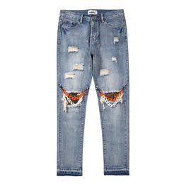 Men's High Street Patch Jeans Fashion Chain Hole Straight Leg Denim Pants Retro Loose Casual Trousers284I