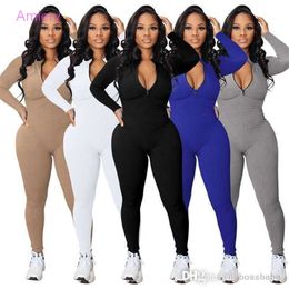 Women Jumpsuits 2023 New Designer Knit Ribbed Bodycon Fitness Playsuit Sportswear Long Sleeve Zipper Body Embroidery Rompers 7 Colours