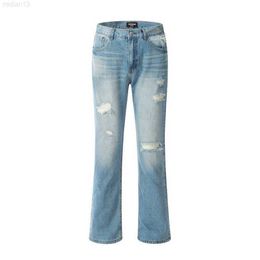 High Street Fashion Brand Washed Blue Small Hole Damaged Straight Tube Micro Horn Casual Jeansx9s5