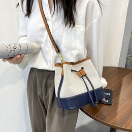 Evening Bags Simple Casual Practical Hair Canvas Bucket Bag Contrast Color Handbag Texture Temperament One Shoulder Crossbody 230919