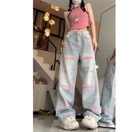 Women's Jeans Embroidered Letter Straight Tube for American Ins High Waist Denim Wide Leg Pant Trend Streetwear Hip Trousers 230918